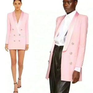 Balmain Jacket Dress Double Breasted Oversized Long Blazer Pink Crepe Mini Dress